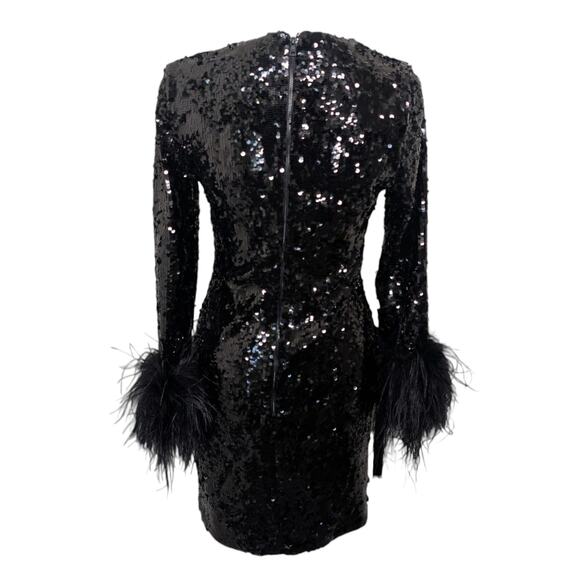 Alice + Olivia Delora Black Sequin Feather Mini Dress US 8 Party Cocktail - Picture 3 of 8